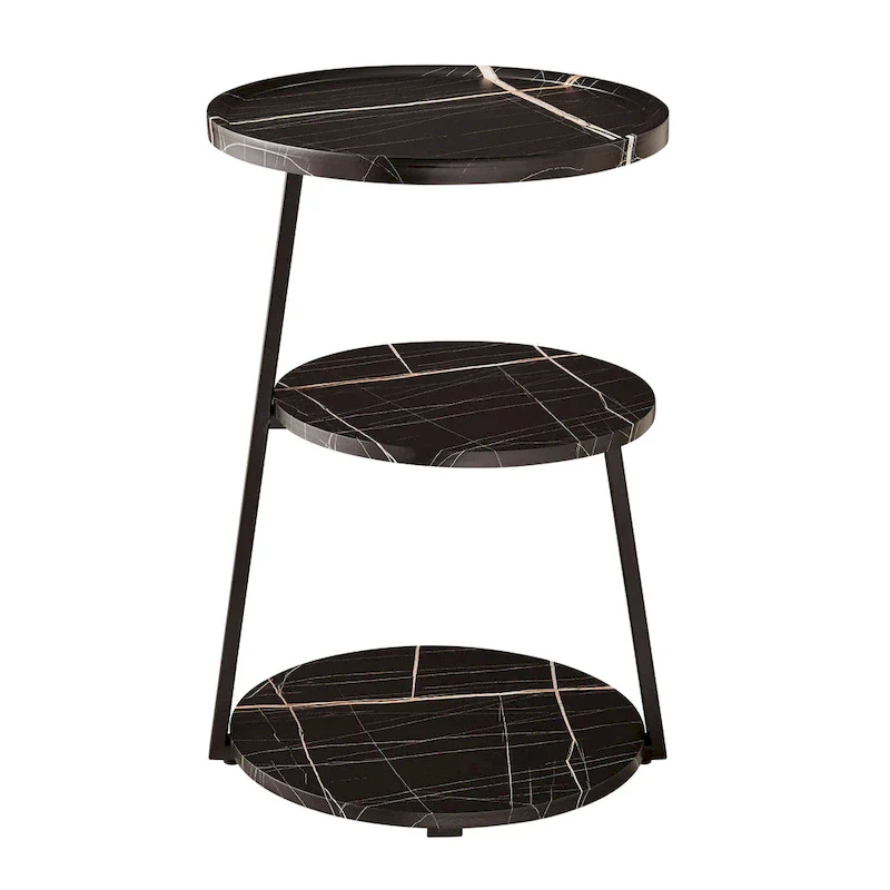 Round 3-Tier Side Accent Table with Raised Lip Edge and Asymmetric Metal Pedestal Legs