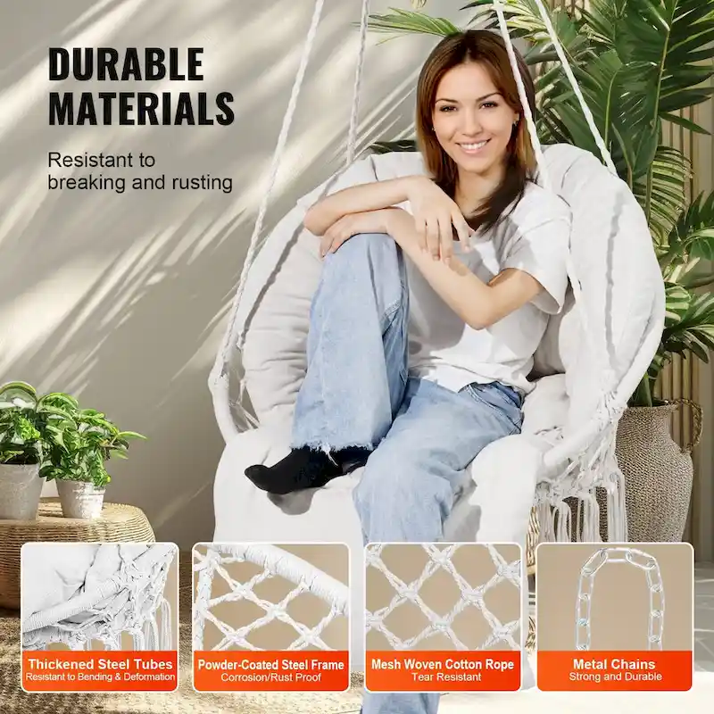 Hanging Hammock Swing Chair, Macram Hanging Chair with Cushion and Mounting Hardware, Cotton Rope Swing Chair