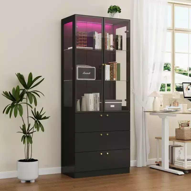 Famapy Modern Glass Display Cabinet with LED Lights,3 Drawers & Tempered Glass Shelves,Bookcase,Showcase Books/Decor in Style