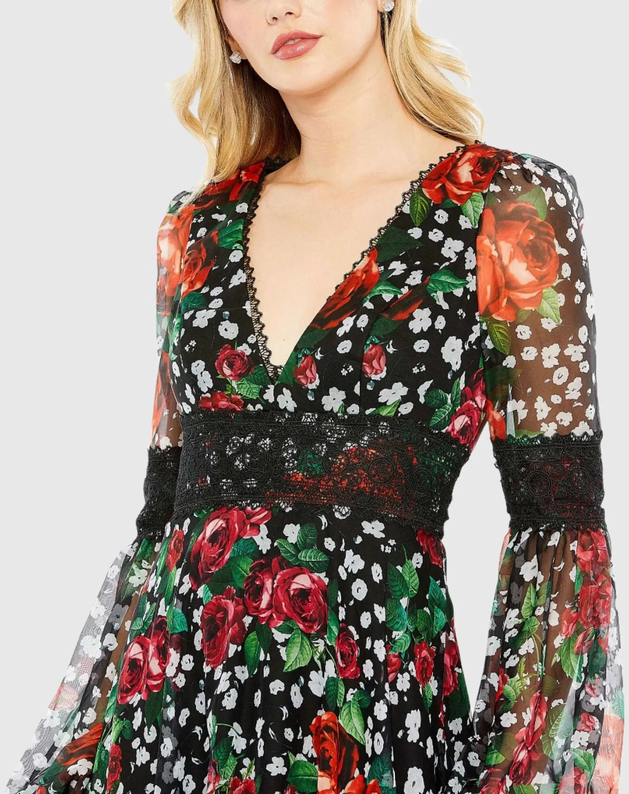 Black V Neck Floral Long Puff Sleeve Ruffle Dress - FINAL SALE