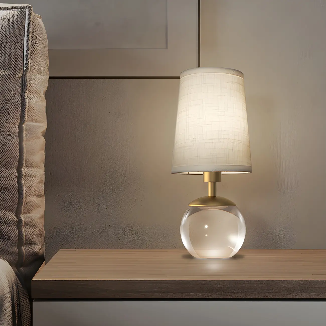 Elegant Clear Glass Bedside Lamp White Geomatric Shade