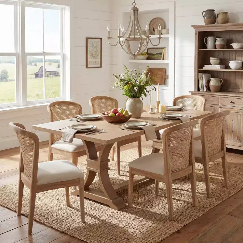 Christopher Knight Home Elowen 7-Piece Farmhouse Expandable Rubberwood Dining Set with Rattan Fabric Upholstered Chairs