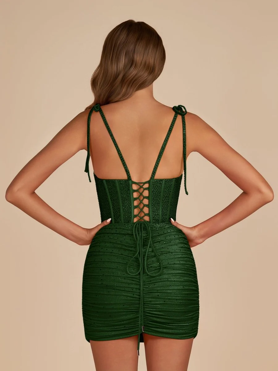 Dark Green - Bodycon Scoop Neck Beaded Satin Corset Homecoming Dresses with Bow Straps