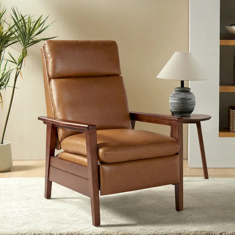 Mid-century Vegan Leather Solid Wood Recliner