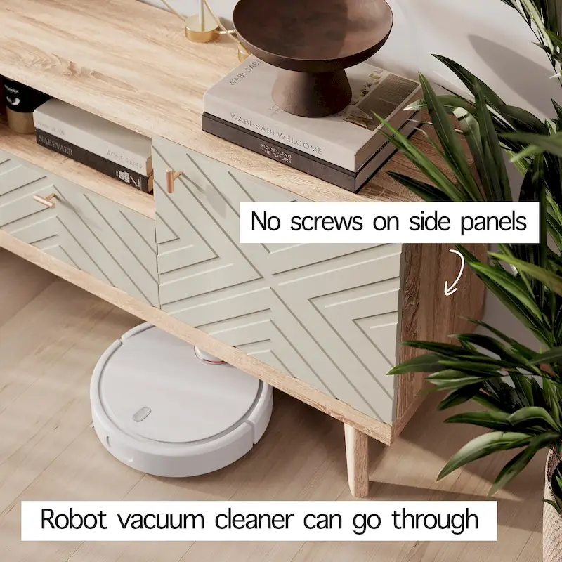 Living Skog Alba Beige TV Stand Console with Drawer Fits TV's up to 65 in. with Wood Legs Mid Century Modern Design