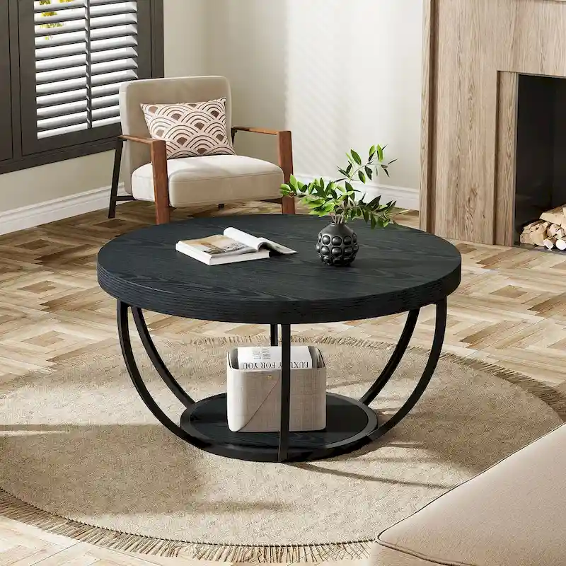 Wooden Coffee Table, 2-Tier Round Central Cocktail Table with Shelves