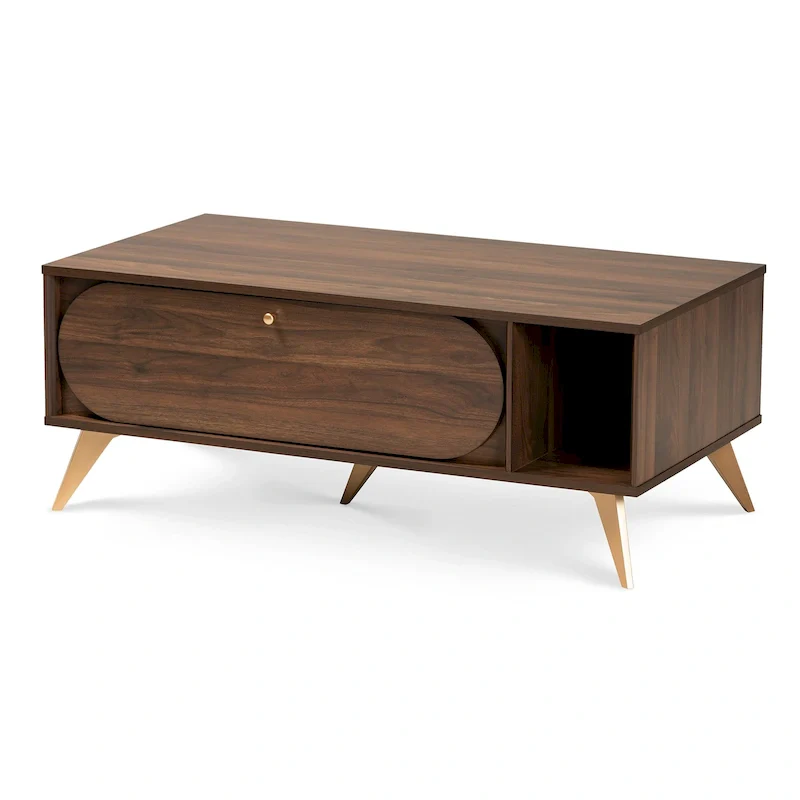 Edel Mid-Century Walnut Brown and Gold Finished Wood Coffee Table