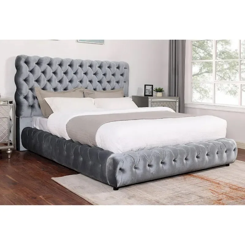 Black King Button-Tufted Upholstered Bed with Headboard & Footboard