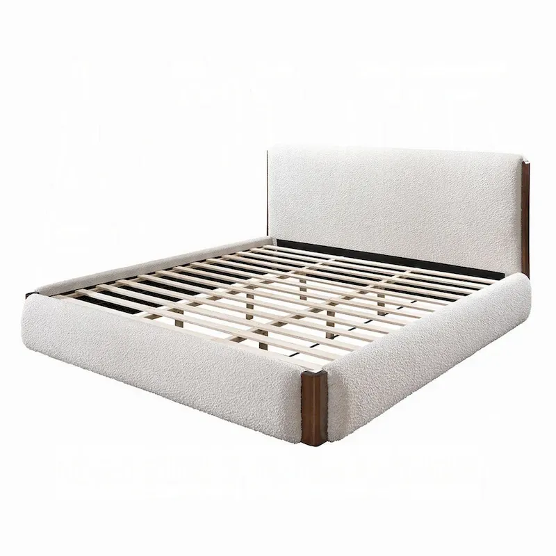 King Platform Bed with Tall Headboard, White Boucle & Walnut Wood Frame