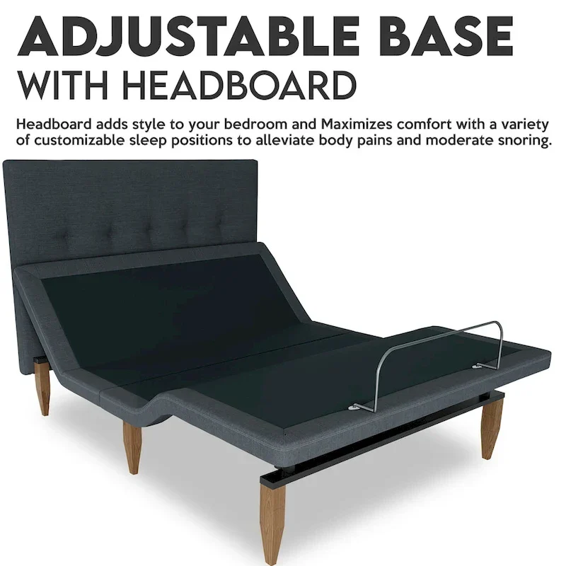Adjustable Bed Base with Headboard, Wireless Remote, Zero Gravity, Underbed Lighting, Grey