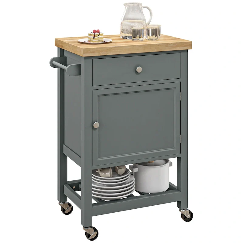 Rolling Kitchen Cart with Rubberwood Top - Storage Island on Wheels (Grey)