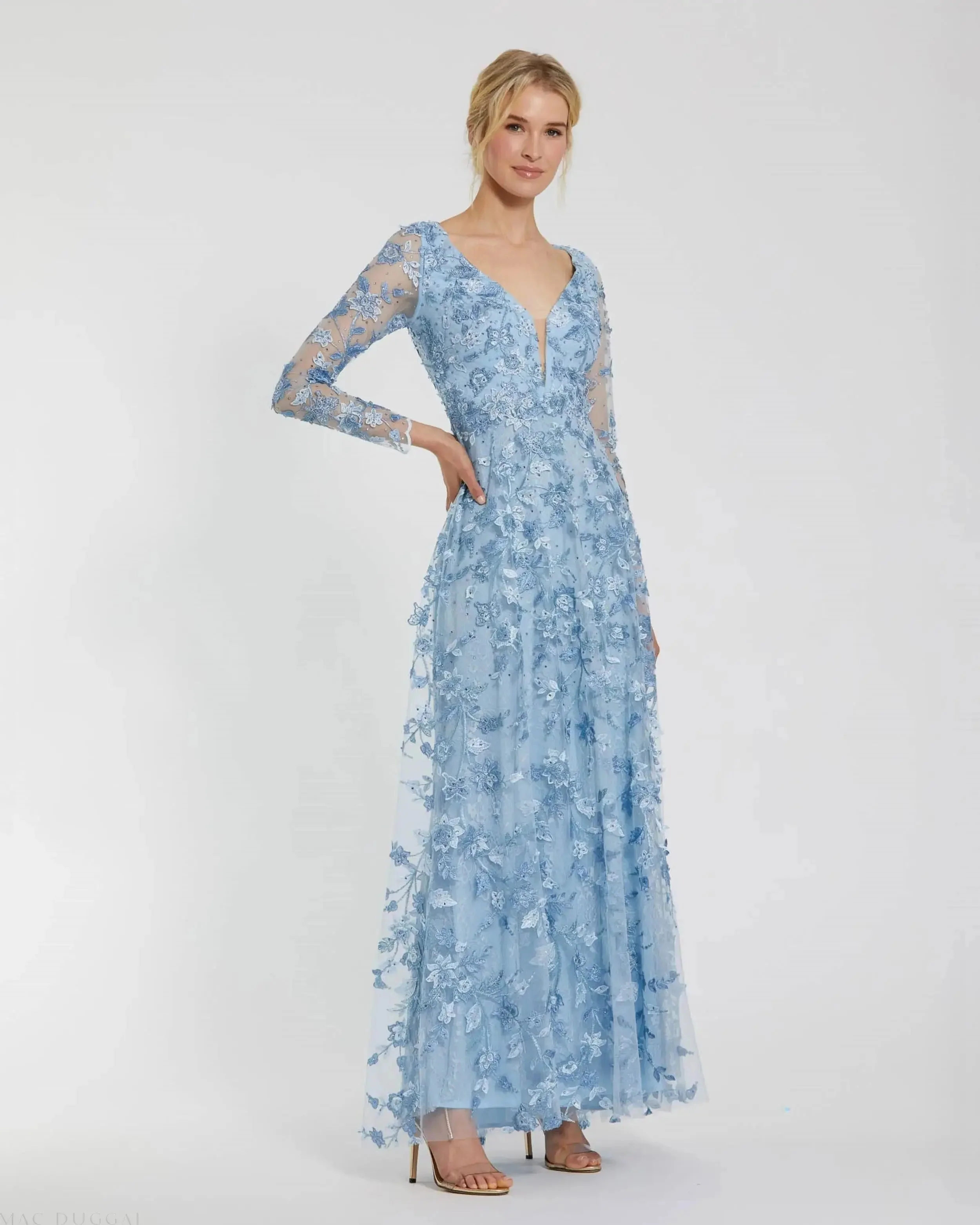 Floral Applique Long Sleeve Illusion Gown