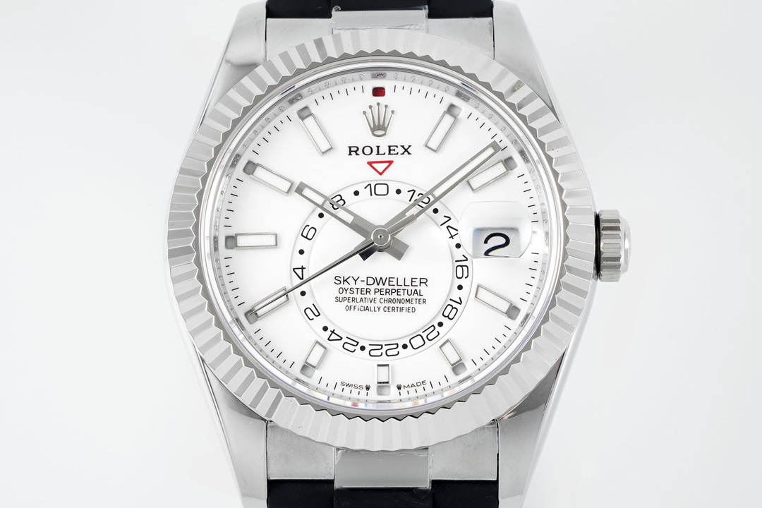 Angled side view of replica Rolex Sky-Dweller with polished case, lugs, and crown