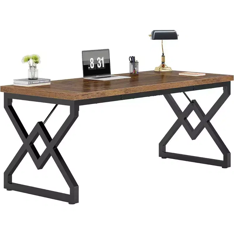 Lantine 63-inch Executive Desk with Extra Thick Tabletop & Metal Frame, Industrial Modern Workstation Writing Table for Home Office, Vintage Brown