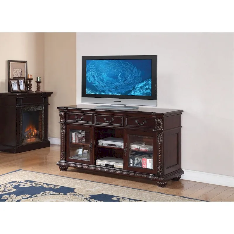 Cherry Brown Poplar Wood Traditional TV Stand with Glass Cabinets, Drawers and Carved Detail – 66 in