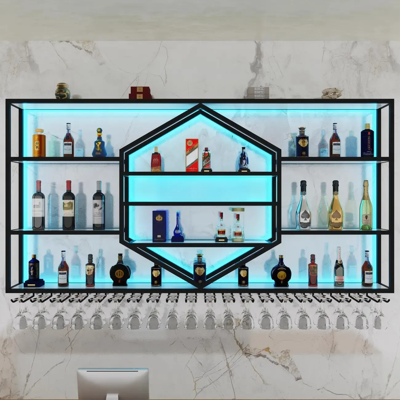 Geometric Metal Black Floating Wine Rack with Light