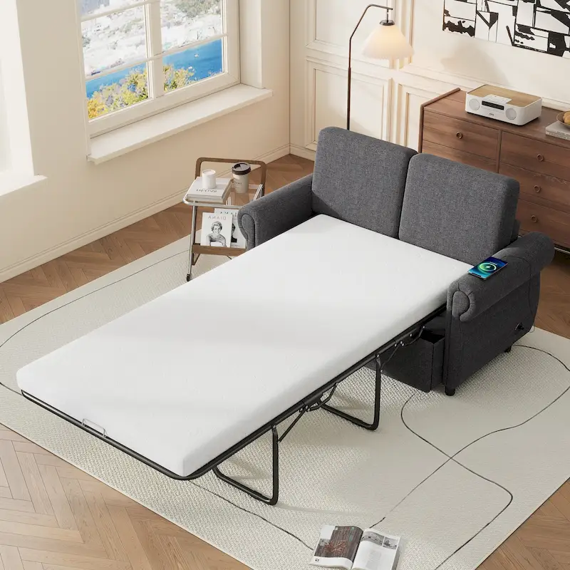 Grey / Brown / Black Pull-Out Sleeper Sofa, 2-Seat, with USB Ports