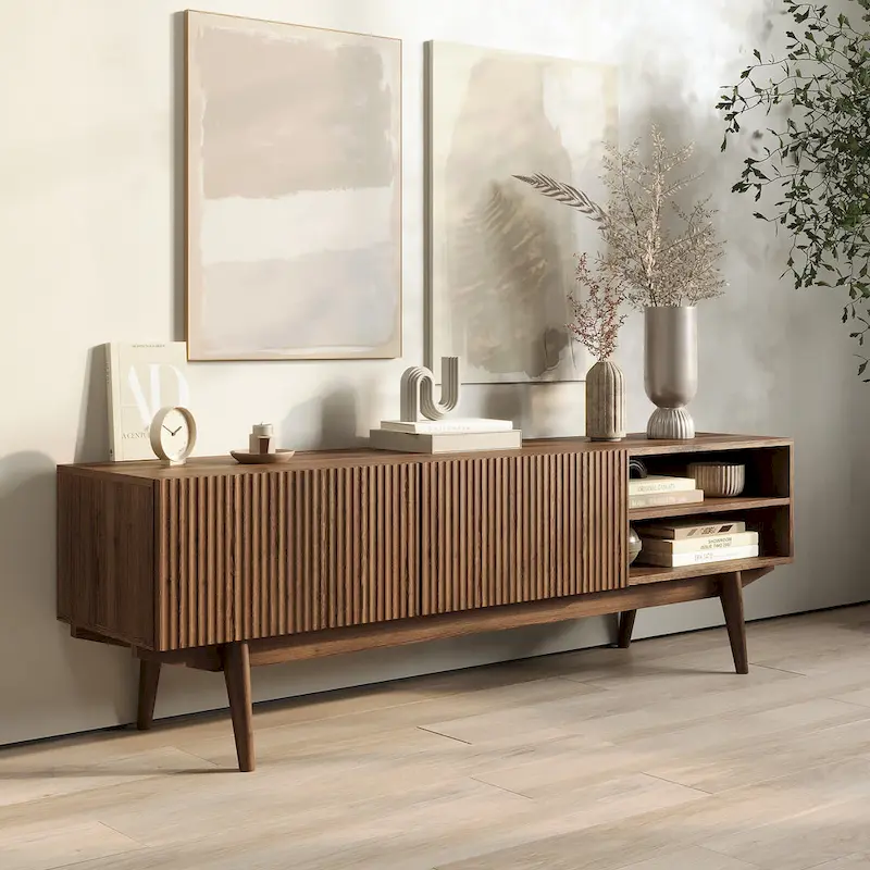 TV Stand Console Fits TV's up to 65 in. with Wood Legs in Mid Century Modern Scandinavian Design