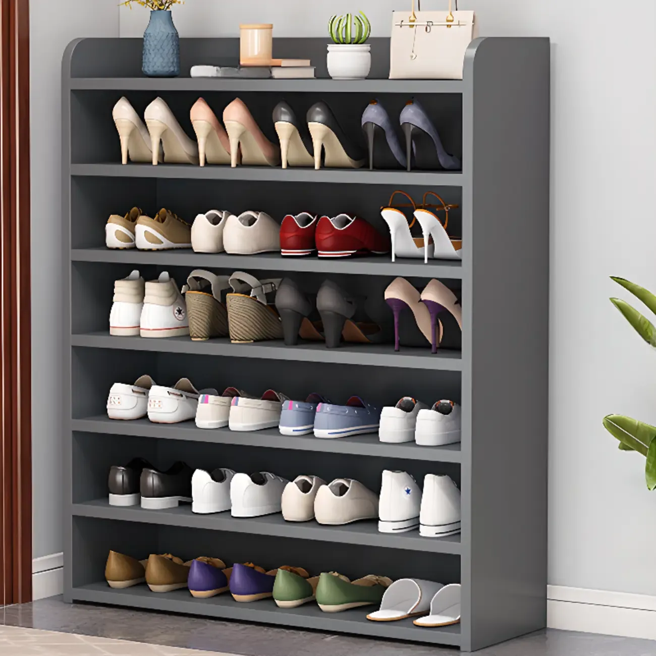 Vertical White Wooden Hallway 6-Tier Open Shoe Rack