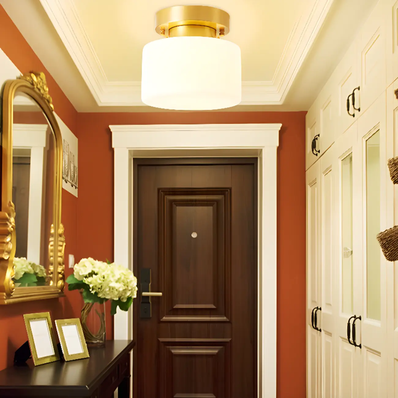 Modern White Glass Drum Golden Semi Flush Ceiling Light