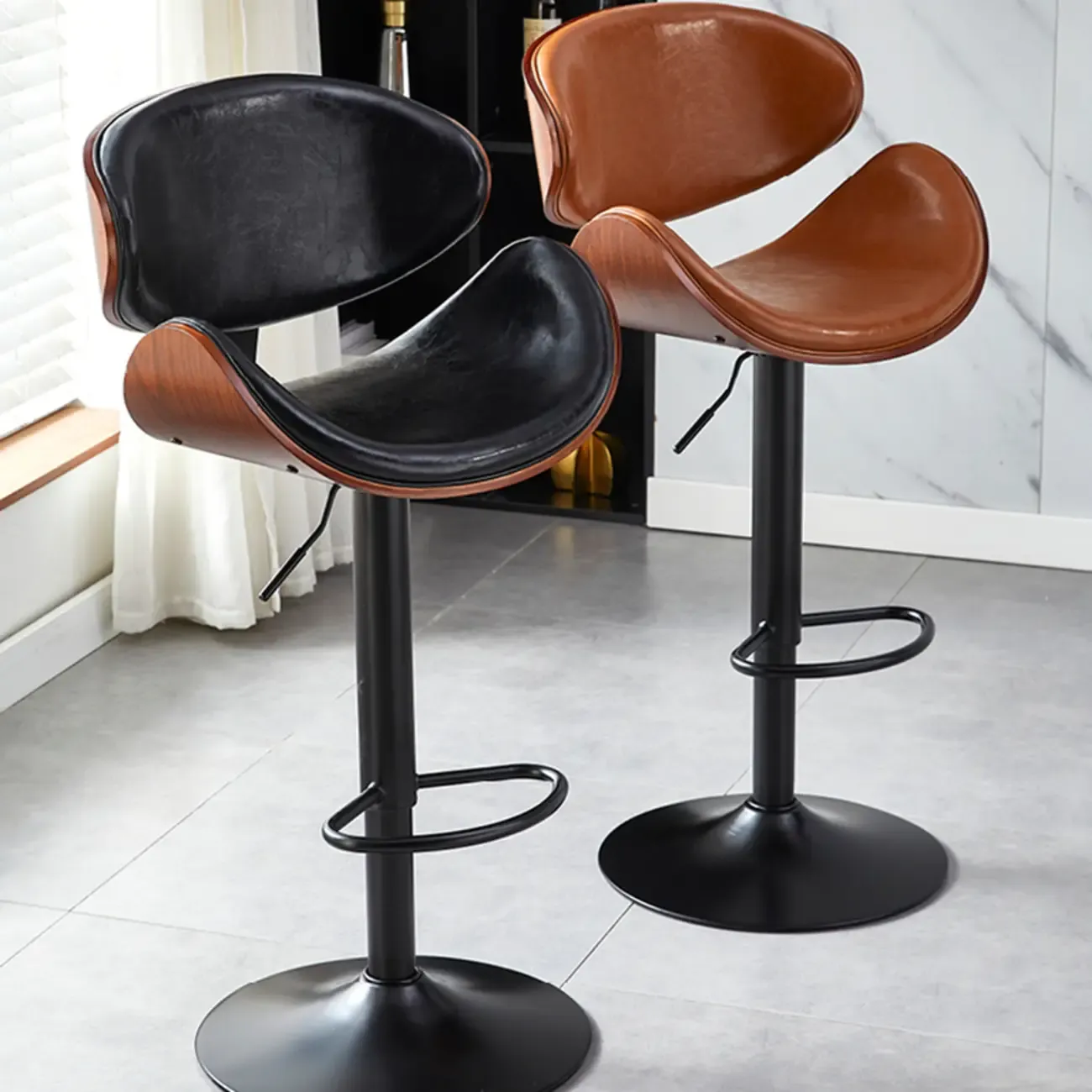 Bucket Adjustable Swivel Leather Bar Stools