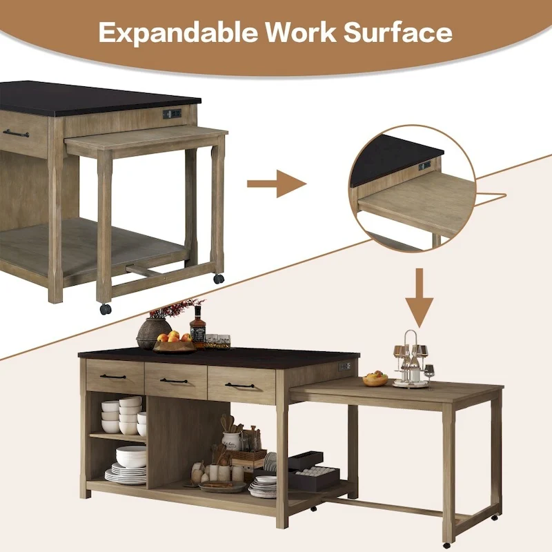 Extendable Kitchen Island with Power Outlets - Distressed Wood