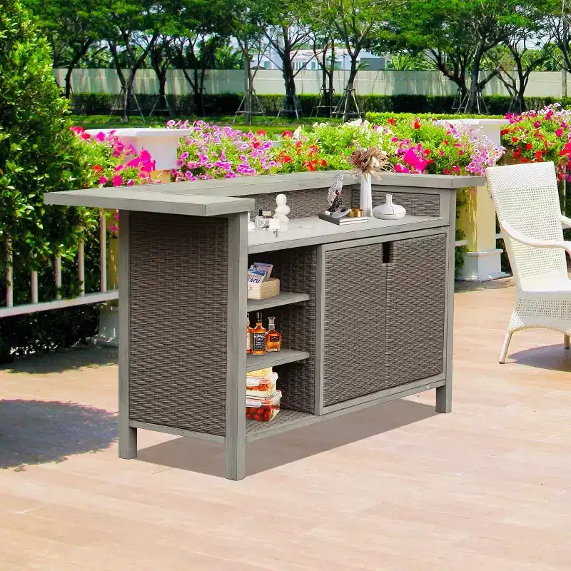 GDFStudio Wioletta Farmhouse Patio Wicker Aluminum Bar Table Cabinet