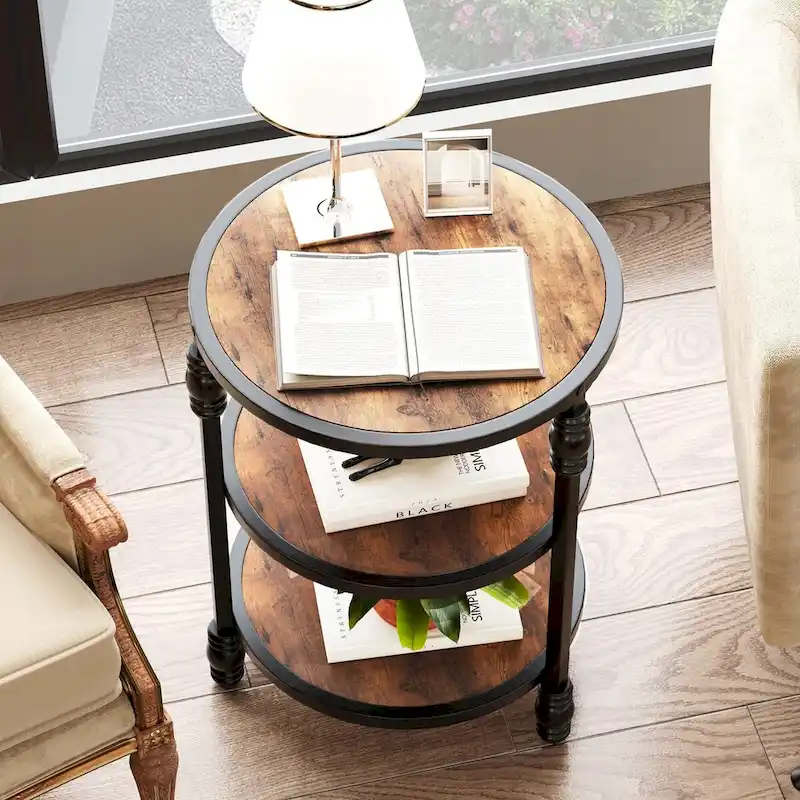 3-Tier Round Side Table with Wood Grain Finish