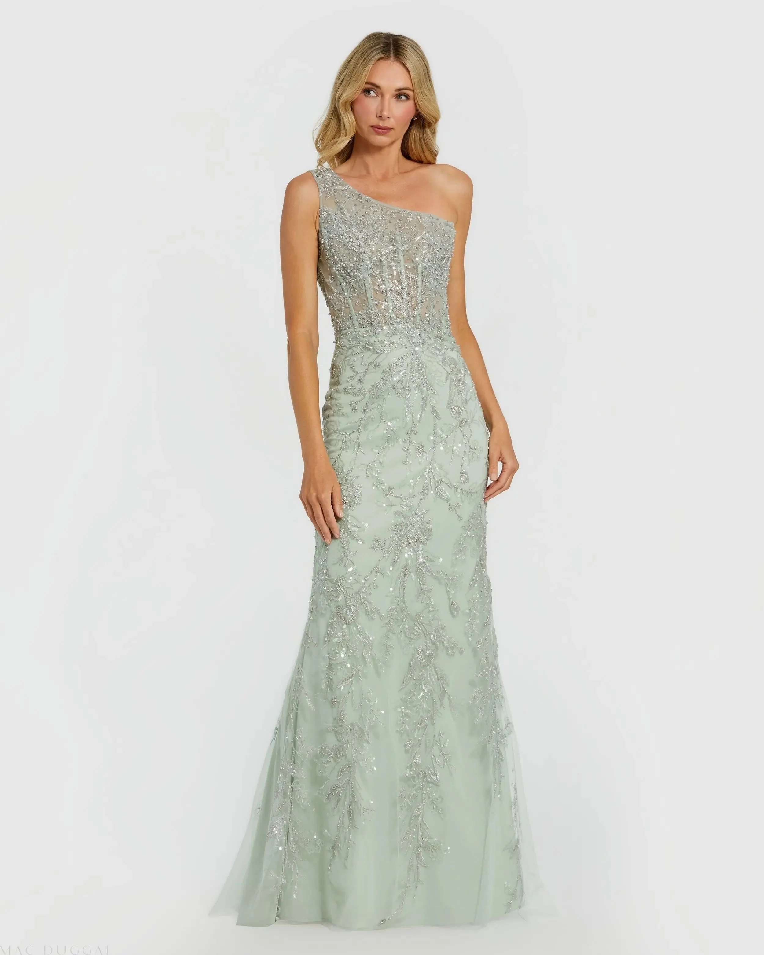 Green One Shoulder Embellished Gown