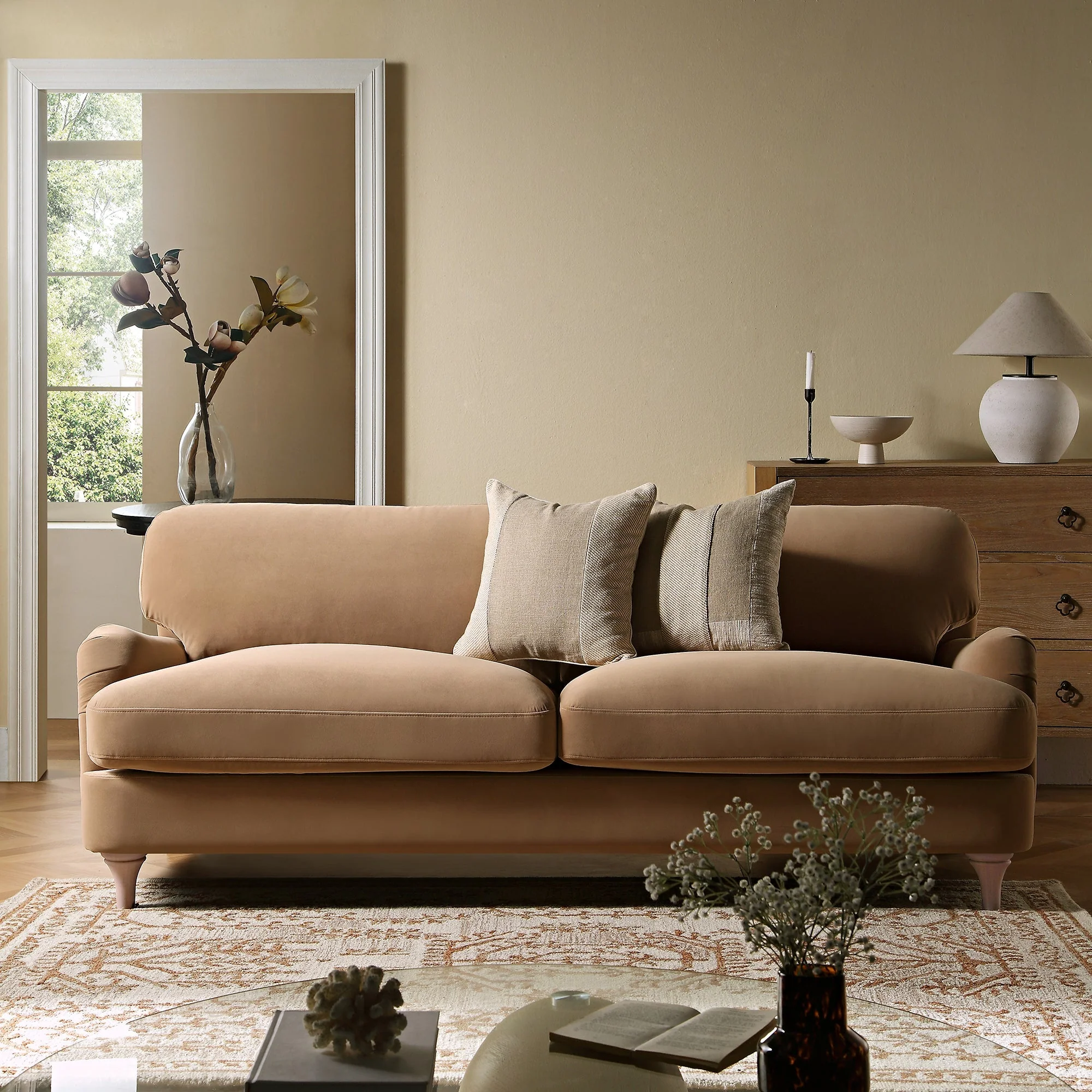 Camel Velvet Sofa, 3-Seater