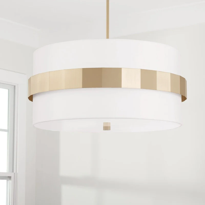 Sutton 4-light Soft Gold Large Drum Pendant w/ White Fabric Shade & Frosted Glass Diffuser