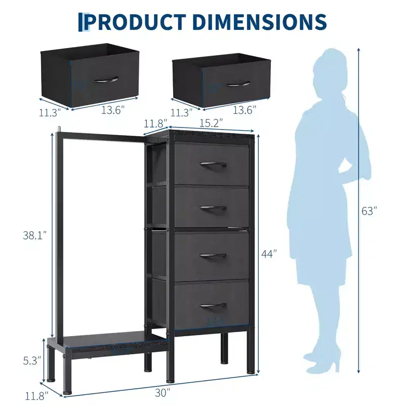 Dresser with Hanging Rack, Drawers Closet for Bedroom, Reversible Fabric Chest of Drawers with Clothes Rack,for Home Office