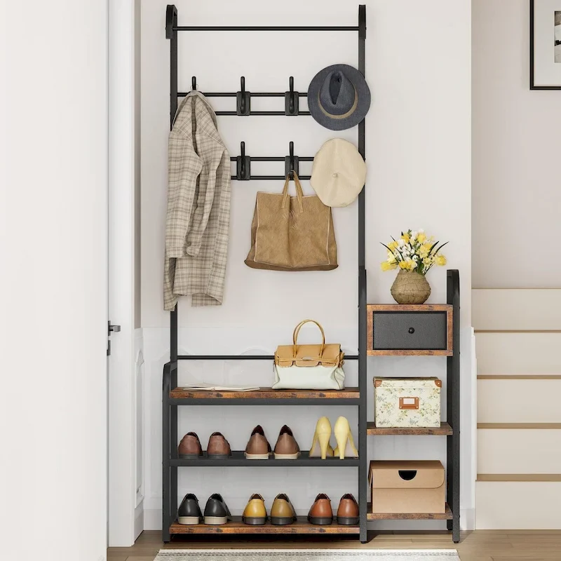 Hall Tree Storage Bench with Drawer and Coat Hooks