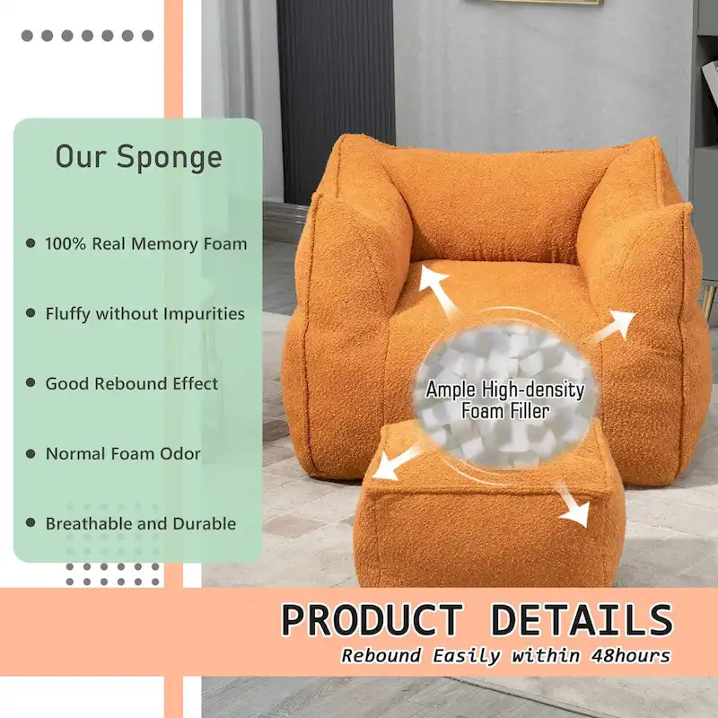 Boucle Upholstered Deep Seat Armless Square Bean Bag Chair with Ottoman