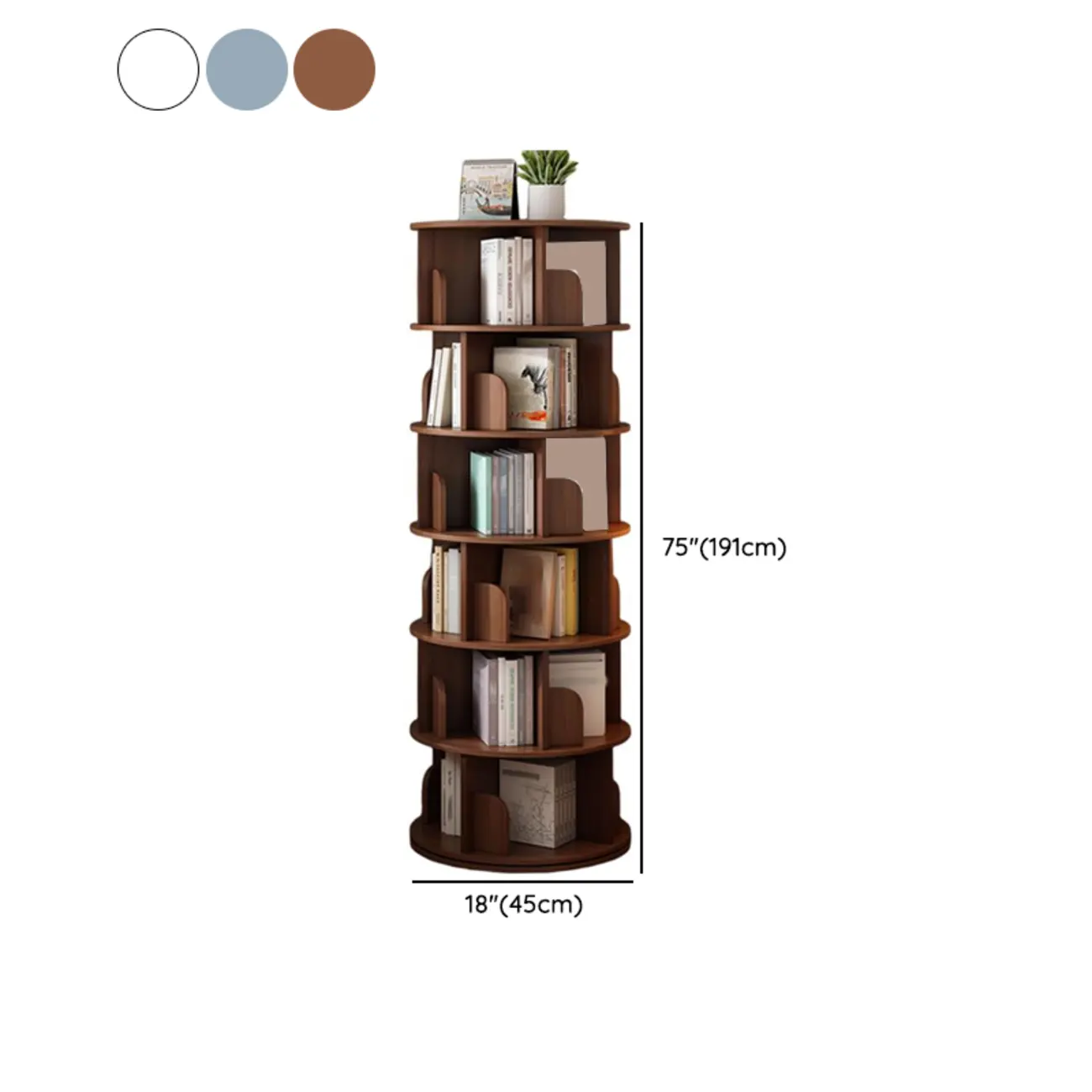 Brown Cylindrical Wooden Rotating Open-Back Bookcase