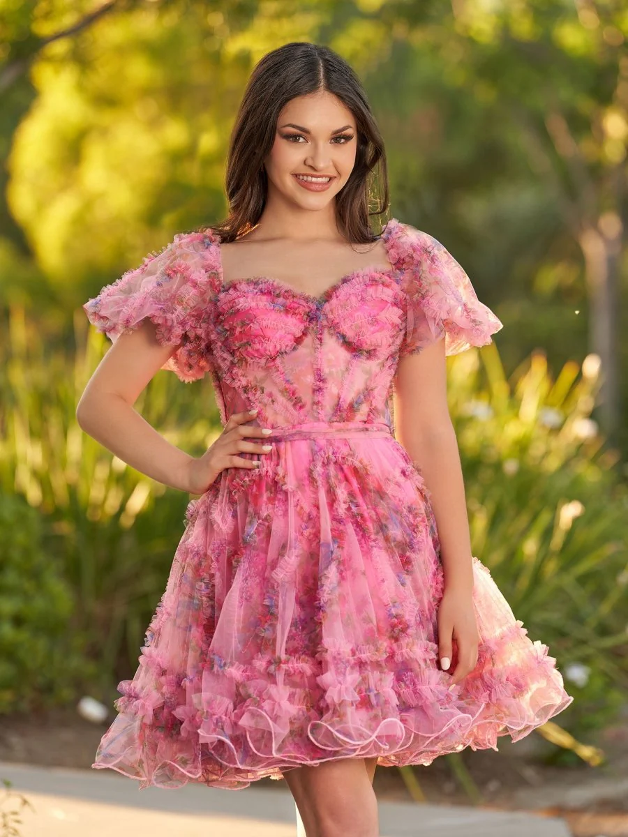 Pink A Line Off the Shoulder Printed Homecoming Dress
