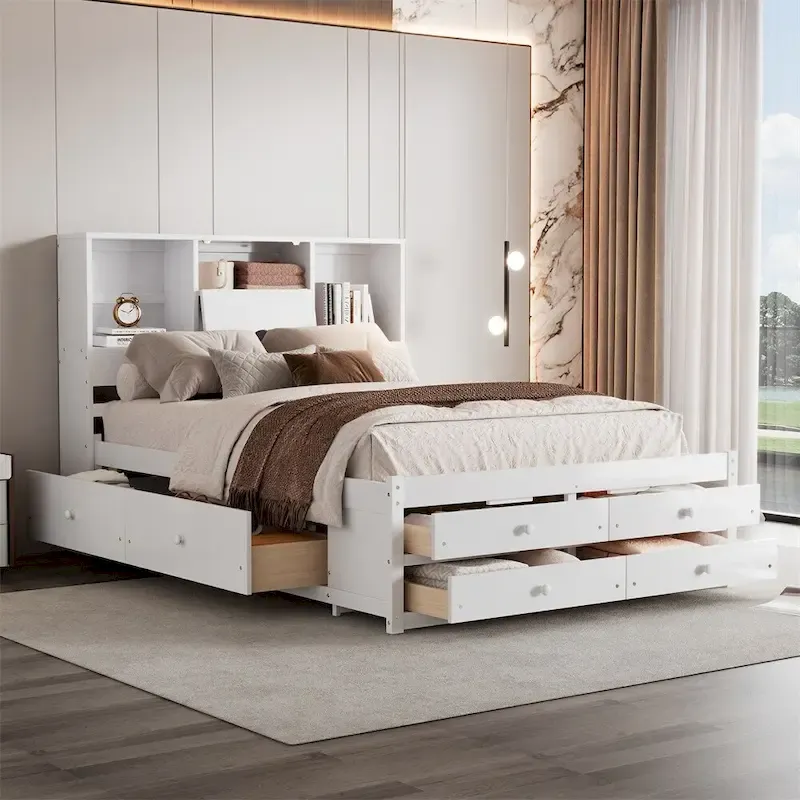 White/Grey Queen Platform Bed with Storage Headboard & 8 Drawers, for 1-2 People