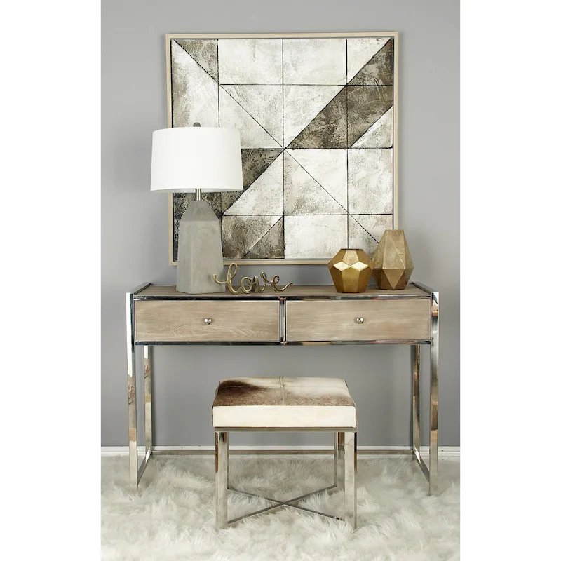 Leather Cowhide Stool with Silver Stainless Steel Base - Gray - Roche River Decor