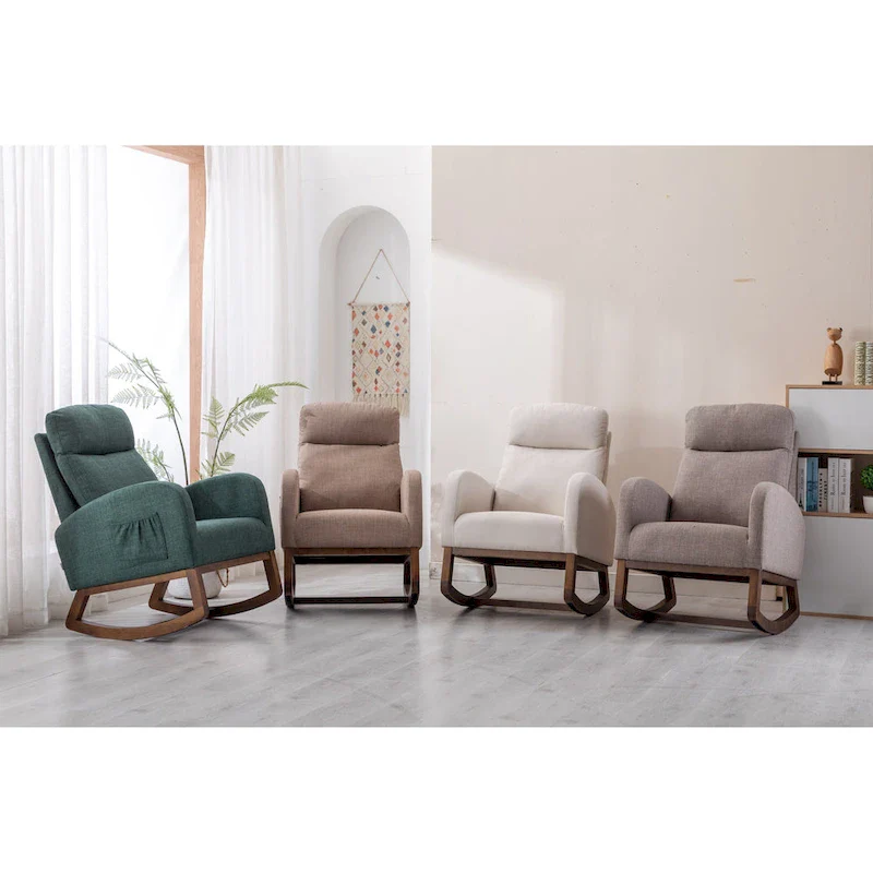 Modern 27 Upholstered Rocking Chair with Wood Legs and Side Pocket