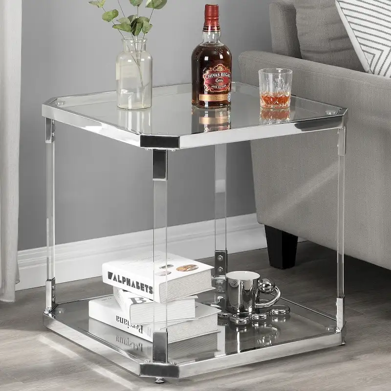 Silver Chrome and Acrylic I-Frame Side Table with 2-Tier Clear Glass Panels – 21.7 in