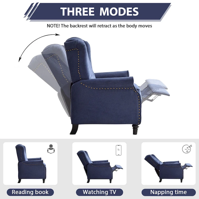 Push Back Recliner with Tufted Back and Wooden Legs