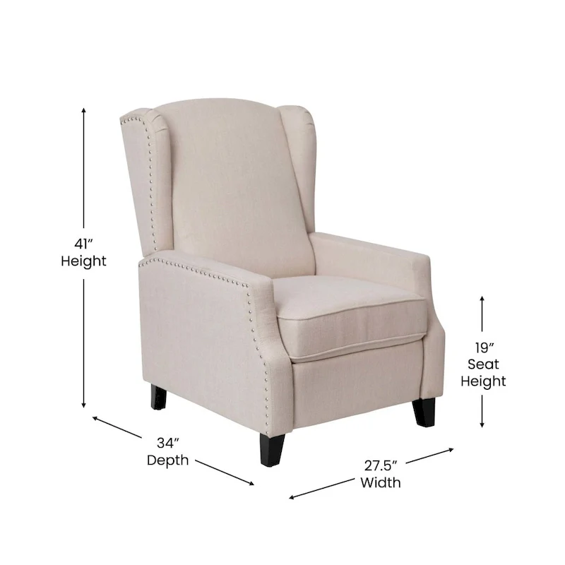 Push Back Wing Back Pocket Spring Recliner with Side Accent Nail Trim