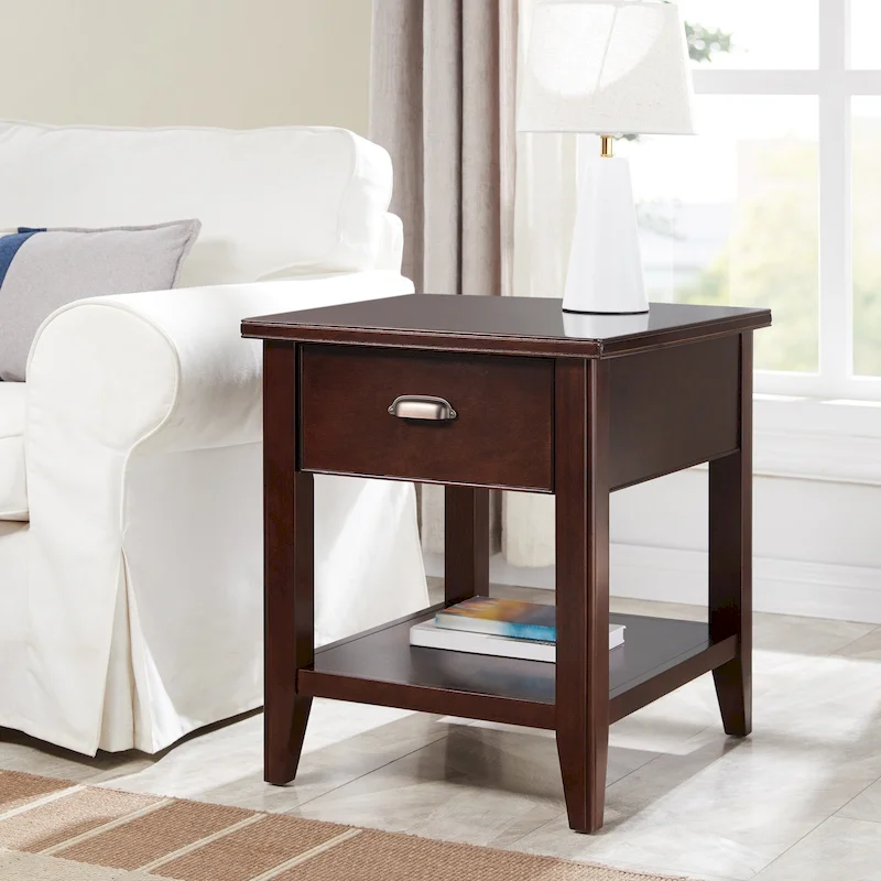 Laurent 20 in. Solid Wood End Table with Shelf and Drawer