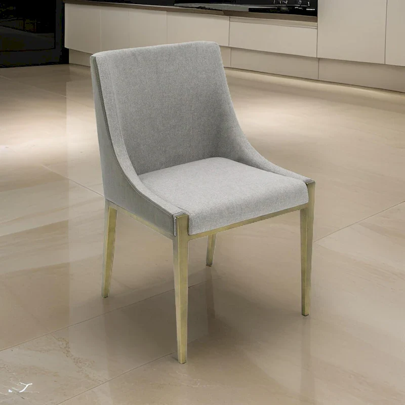Shyla 21 Inch Dining Chair, Sloped Arms, Gray Faux Leather, Brass Base