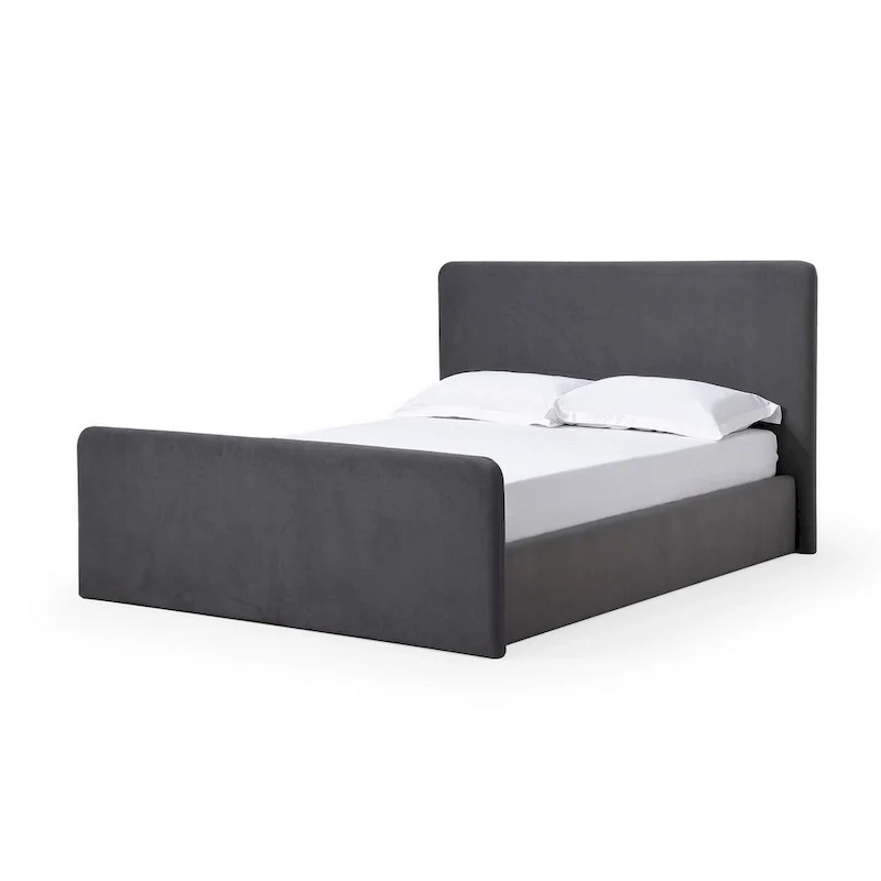 California King Platform Bed, Velvet Upholstery, Rounded Rectangle Design, Solid Wood, Modern Style, Dark Gray, 2 People