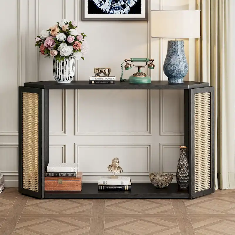 Black Arrow-Shaped Console Table with Rattan Panel, Single-Person Entryway