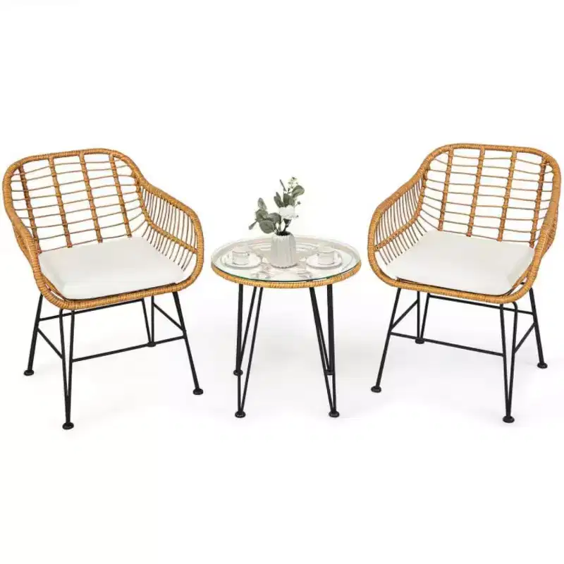 3 Pieces Rattan Furniture Set with Cushioned Chair Table