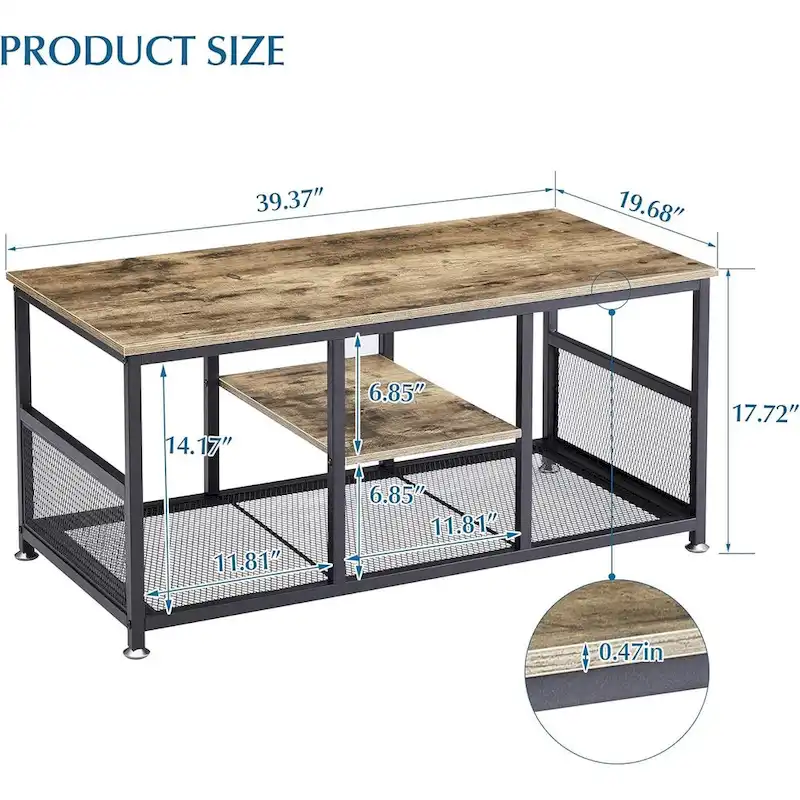 3-Tier Coffee Table with Metal Frame and MDF Shelves