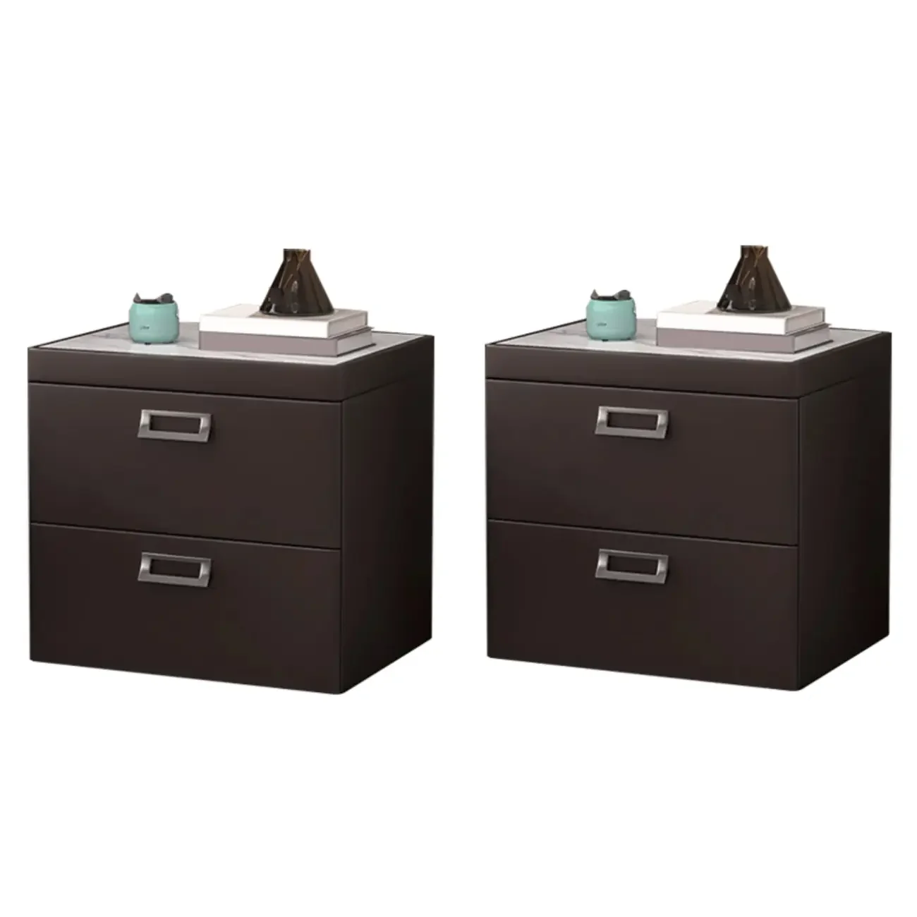 Modern Faux Leather 2 Drawers Nightstand with Stone Top