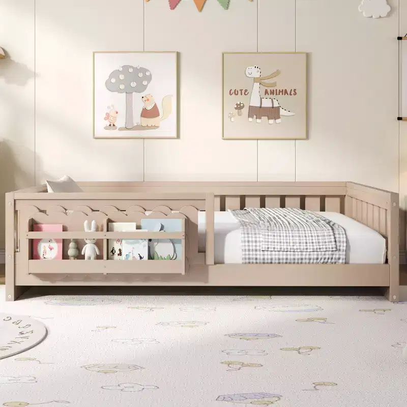 Twin/Full Size Kid Platform Bed Frame Toddler Bed with Guardrail and Storage Shelves - ModernLuxe